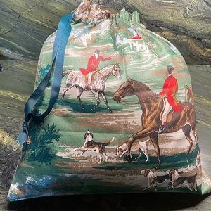 Equestrian Horse Tote Or Pillow Cover Chintz Drawstring Brown Red Green